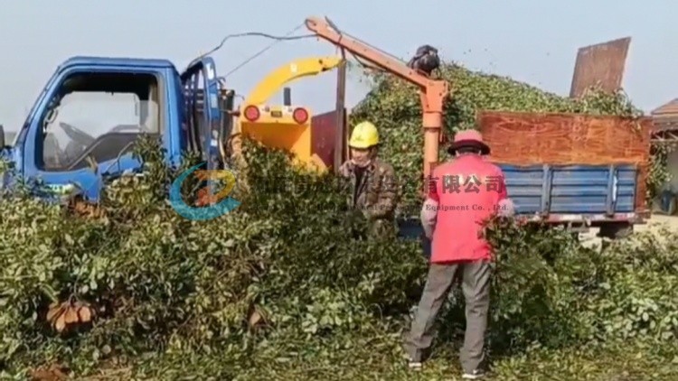浙江客戶定制小型車載式樹枝粉碎機，樹枝粉碎機直接噴入車廂，方便運輸！